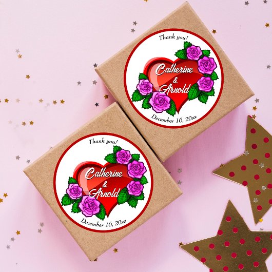 Sticker Rond Coeur rouge rose roses Merci Mariage Faveur