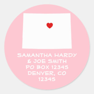 Sticker Rond Cœur rouge sur adresse Colorado rose et blanc