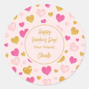 Sticker Rond Coeurs aquarelle Joyeuse Saint Valentin Rose doux