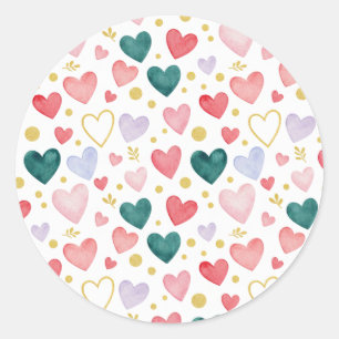 Sticker Rond Cœurs aquarelles pastel fantaisistes et feuilles d
