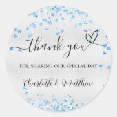 Sticker Rond Coeurs bleu argenté merci mariage (Devant)