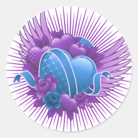 Sticker Rond Coeurs bleus Roses et ailes (Devant)