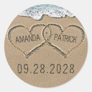 Sticker Rond Coeurs dans la plage de sable Faveur mariage sur l