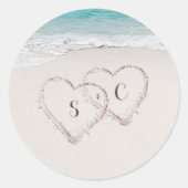 Sticker Rond Coeurs dans le sable destination mariage plage (Devant)