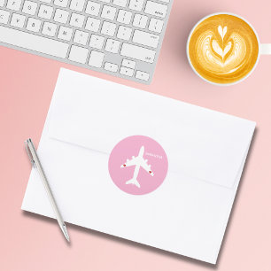 Sticker Rond Cœurs d'avion mignons Fille rose Pilote de voyage
