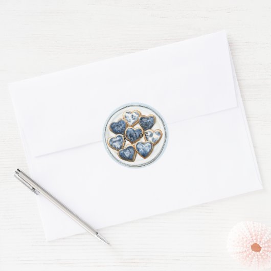 Sticker Rond Coeurs de Denim Blanc Bleu (Enveloppe)