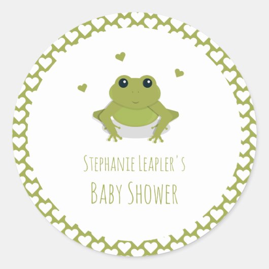 Sticker Rond Coeurs de grenouille verte Nom Baby shower (Devant)