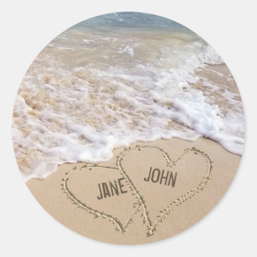 Sticker Rond Coeurs de plage Ocean avec des noms personnalisés (Devant)