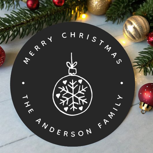 Sticker Rond Coeurs d'ornement de Noël noir et blanc