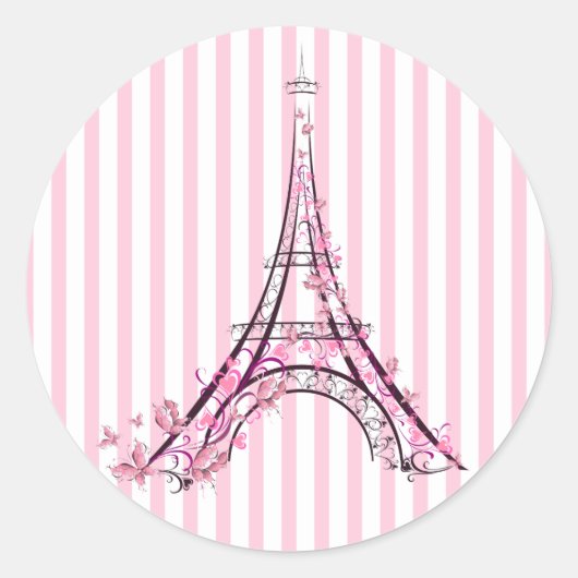 Sticker Rond Coeurs et papillons roses Paris Tour Eiffel (Devant)