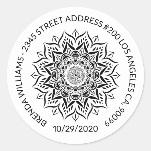 Sticker Rond Coeurs et tourbillons de mandala noirs (Devant)