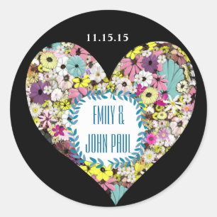 Sticker Rond Coeurs Fleurs sauvages Mariage Enregistrer le stic
