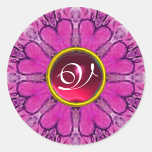 STICKER ROND COEURS FLORAUX ROSE MONOGRAMME EN PIERRE ROUGE