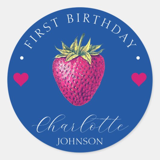 Sticker Rond Coeurs fraises Anniversaire Fille Bleu foncé (Devant)