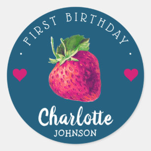 Sticker Rond Coeurs fraises Anniversaire Fille Bleu Vert