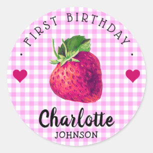 Sticker Rond Coeurs fraises Anniversaire fille rose À damiers
