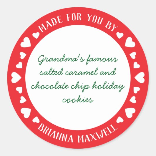 Sticker Rond Cœurs Mignons Rouges et Blancs Traités avec Amour (Devant)