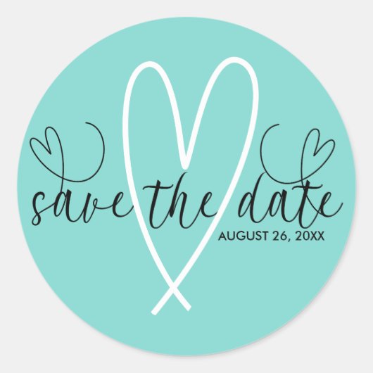 Sticker Rond Coeurs modernes Turquoise Bleu Vert Sauvez la date (Devant)