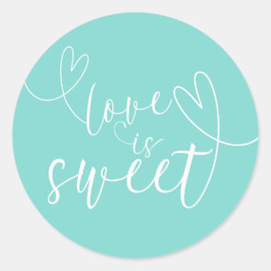 Sticker Rond Coeurs modernes Turquoise Blue Green Love is Sweet