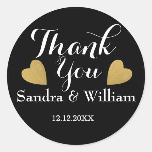Sticker Rond Coeurs Noir et Or Classy Merci Mariage (Devant)