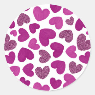 Sticker Rond Coeurs peints motif - magenta & parties scintillan