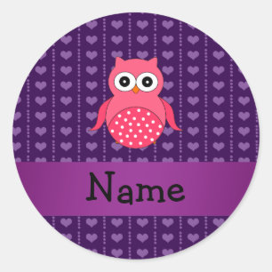 Sticker Rond Coeurs pourpres personnalisés de hibou rose nomm