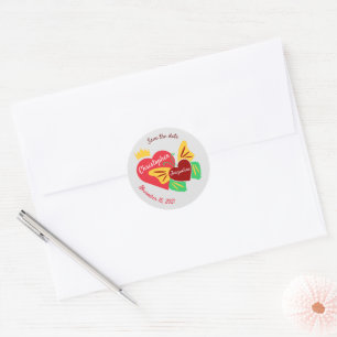 Sticker Rond Coeurs Rouges, Papillon Enregistrer La Date