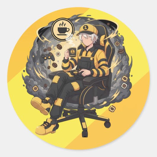 Sticker Rond Coffee Gamer Anime Boy Yellow Aesthetic Art (Devant)