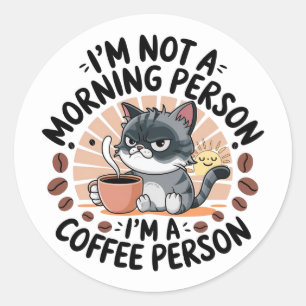 Sticker Rond Coffee-Première Attitude Amusante Conception Chat