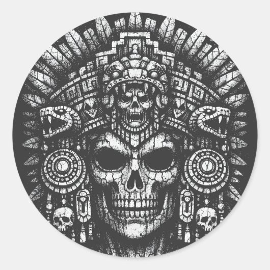 Sticker Rond Coiffe de crâne aztèque par BurnsInHell (Devant)