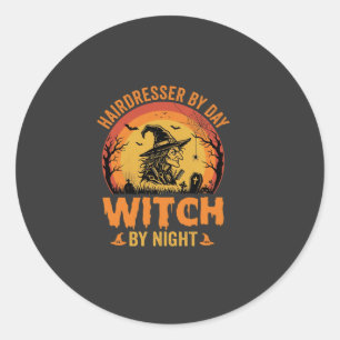 Sticker Rond Coiffeur de jour sorcière de nuit Design Halloween