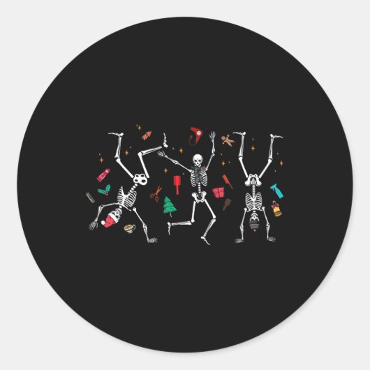 Sticker Rond Coiffeur de Noël Skeleton Dancing Coiffeur (Devant)