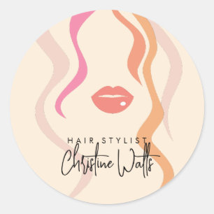 Sticker Rond Coiffeur Minimaliste Cheveux Ondulés Rose Clair Mi