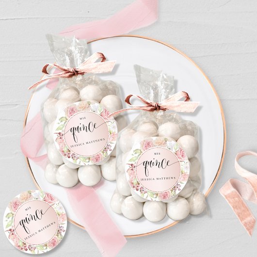 Sticker Rond Coing, Espagnol, Rose, Rose Poudrée Or Floral