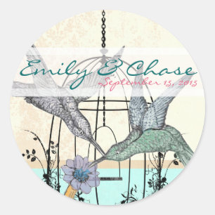 Sticker Rond Colibri de Damas Cage à oiseaux Mariage Postage