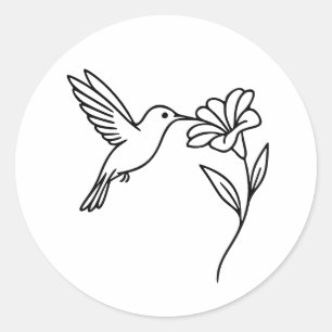 Sticker Rond Colibri et Fleur – Art minimaliste en ligne noire