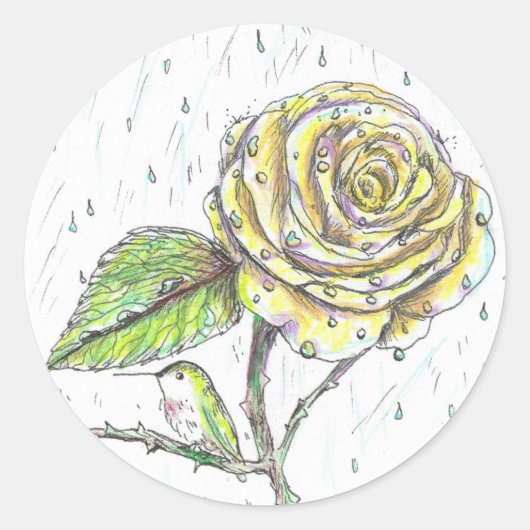 Sticker Rond Colibri et Rose dans le dessin de pluie (Devant)