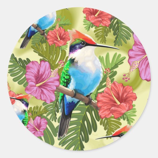 Sticker Rond Colibri se reposant et Hibiscuses (Devant)