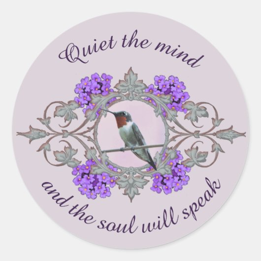 Sticker Rond Colibri Throated Ruby, Embellissements Violets (Devant)