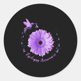 Sticker Rond Colibri Tournesol Violet Ribbon Epilepepsie Aware