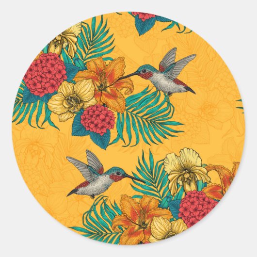 Sticker Rond Colibris et bouquet tropical en jaune (Devant)