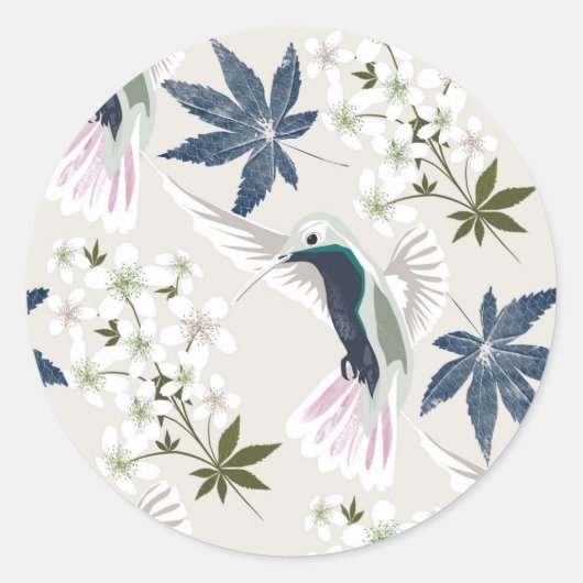 Sticker Rond Colibris et fleurs blanches. (Devant)