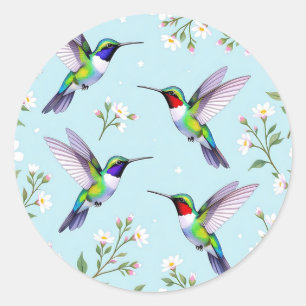 Sticker Rond Colibris Vibrants et Fleurs de Cerisier Blanches