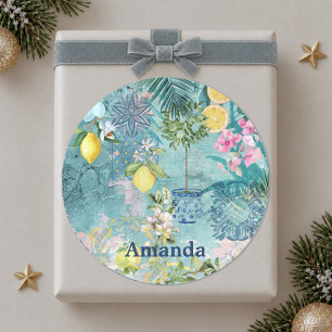 Sticker Rond Collage chic bleu turquoise sicilien floral citriq