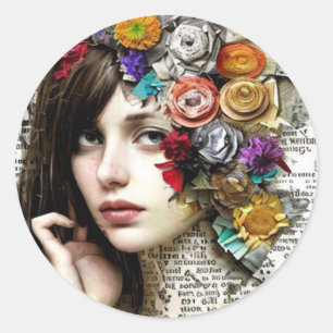 Sticker Rond Collage Jolie fille avec des fleurs dans ses che