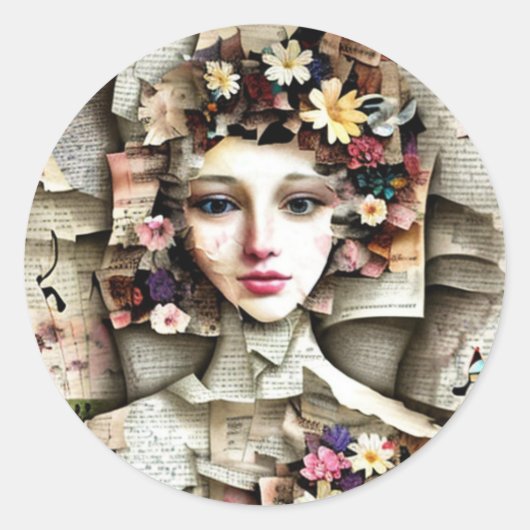 Sticker Rond Collage | Jolie fille faite de pages de livres (Devant)
