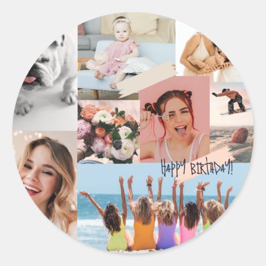Sticker Rond Collage photo moderne Joyeux anniversaire mignon (Devant)