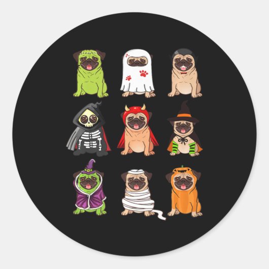Sticker Rond Collection de carlins Happy Pugoween Cos Éffrayant (Devant)