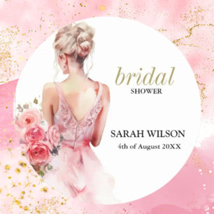 Sticker Rond Collection de Mariage d'aquarelle Rose Floral