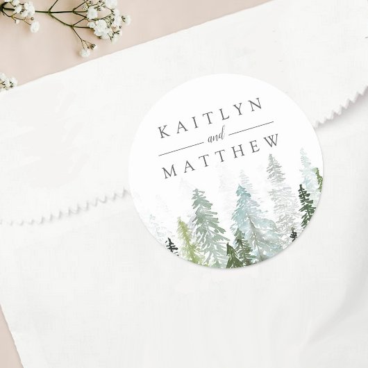 Sticker Rond Collection de Mariages de la forêt de pins d'aquar